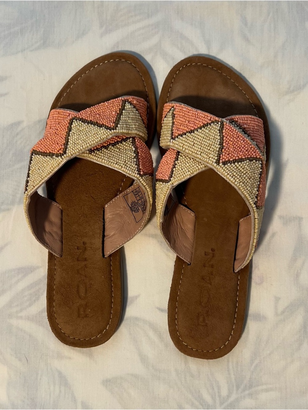 BED|STU Coral and Cream Beaded Crossover Slide Sandals
